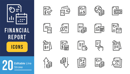 Set of Financial Report Related Vector Line Icons. Contains such Audit, Receipt list, Expenses document and more. Editable Stroke.