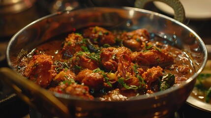 a shot of a vibrant Karahi filled with aromatic Chicken Karahi, highlighting the bold flavors of tomatoes and green chilies.