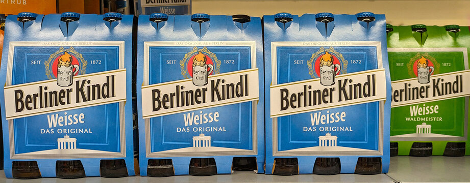 "Berliner Kindl Weisse" six-packs on the shelf of a supermarket in Berlin, April 22, 2024