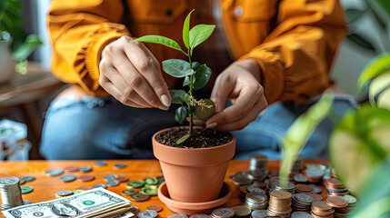 An image of a person planting a small tree in a pot filled with coins and dollar bills, showing active financial planning - Powered by Adobe