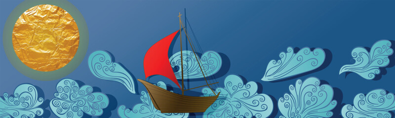 Background design a boat on the waves. Modern creative design for home decor, banners, and prints. Vector illustration.