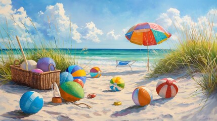 A whimsical beach tableau with a collection of colorful beach balls scattered across the sand, their vibrant hues contrasting with the soft pastels of a beach umbrella and a woven beach bag.