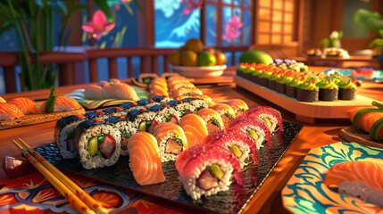  a table set with a colorful spread of sushi rolls, featuring a variety of fish, avocado, and pickled ginger. - Powered by Adobe
