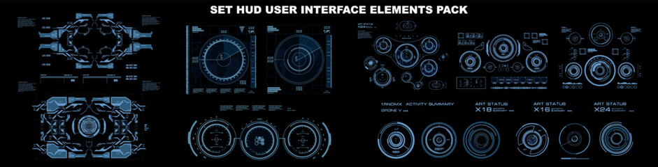 BIg set complex navigation elements. HUD user interface elements. Modern set futuristic HUD screen and dashboard elements. Goals, targets, geolocation devices, guidance and search systems