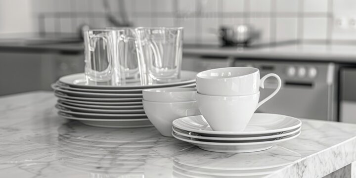 A kitchen counter with neatly arranged plates and cups. Ideal for food blogs or kitchenware advertisements