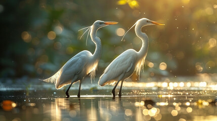A pair of graceful herons wading through a shallow pond, their long legs and necks perfectly adapted for hunting in the summer heat - obrazy, fototapety, plakaty