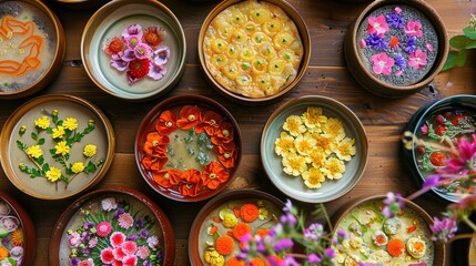  a table set with a colorful array of Hwajeon, traditional flower pancakes, made with sweet rice flour and edible flowers.