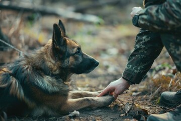 A man is petting a dog in the woods. Suitable for pet lovers