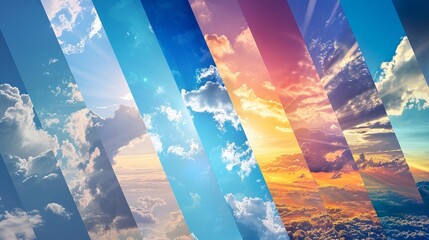 Various sky conditions are showcased in a photo collage designed as a banner - obrazy, fototapety, plakaty