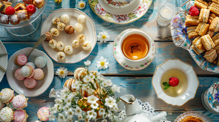 A table set with tea water plates and various sweets i