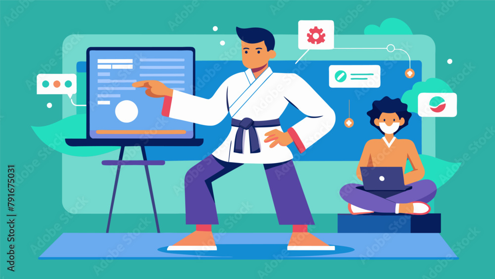 Poster a martial arts master creating a customized virtual training program for their students tailored to 