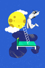 Vertical image collage picture young joyful woman bedtime sleep comfort cozy moon planet night...