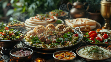 The concept of Traditional Eastern, Asian, Arabic cuisine, Seth from different dishes, background image, hyperrealistic food photography