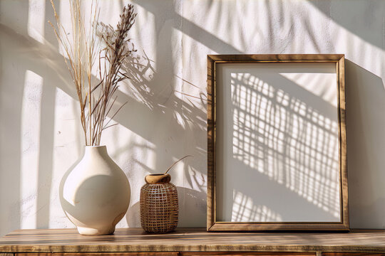 Beige cream wooden frame mockup sunlit minimalist home decor autumnal vibes.
