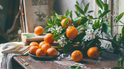 A table with tangerines and reading material