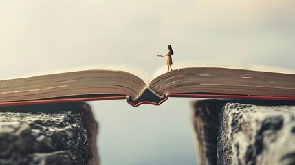 A small person is standing on a book that is bridging a gap between two large rocks.

