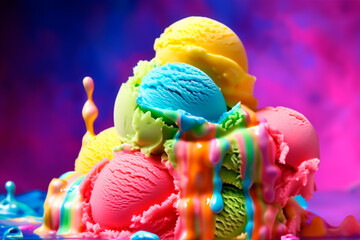 Ice cream scoops in rich bright colors on a colored background