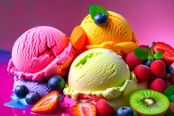 Scoops of Bright Colored Ice Cream with Fresh Berries and Fruits