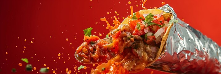 High-resolution image of a delicious taco with spicy salsa and fresh toppings, embodying the essence of Mexican cuisine