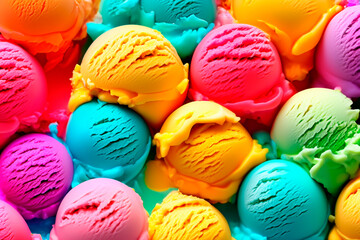 Full frame of ice cream scoops in different bright colors, blue, pink, yellow, green