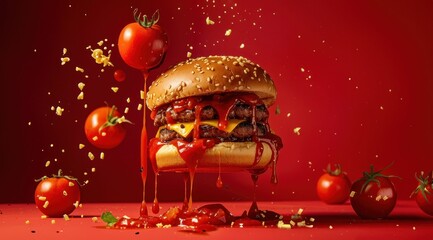 Un gros hamburger suspendu dans les airs, avec du ketchup dégoulinant, arrière-plan rouge. - obrazy, fototapety, plakaty