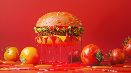 Un gros hamburger suspendu dans les airs, avec du ketchup dégoulinant, arrière-plan rouge. - obrazy, fototapety, plakaty