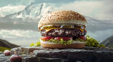 Un énorme hamburger avec des montagnes en arrière-plan, photo publicitaire réaliste dans un...