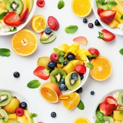 Fresh fruit displayed on a white table. Ideal for food and kitchen-related projects