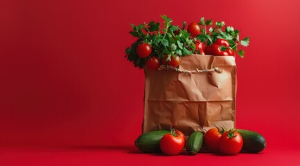 Sac en papier avec des légumes sur un fond rouge, vue en gros plan, concept pour magasin de vente en ligne, image avec espace pour texte.