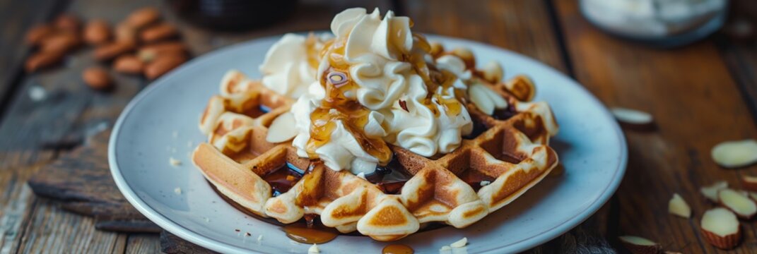 Freshly baked waffles drizzled with syrup and a generous dollop of whipped cream makes this image perfect for a food theme
