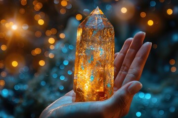 Yellow glowing crystal in hand with blue and yellow blurred lights in the background - obrazy, fototapety, plakaty