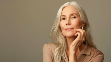 Georgeous middle aged woman with perfect skincare enjoying her skin on neutral background