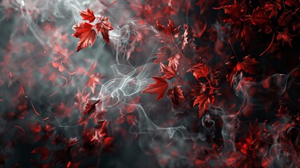 Red autumn leaves gently cascade across the canvas, intertwined with wisps of color smoke, creating a captivating web design banner evoking the mystical atmosphere of the season - obrazy, fototapety, plakaty