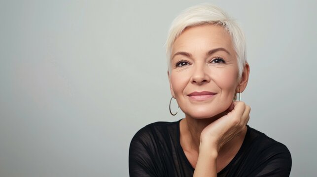 Georgeous middle aged woman with perfect skincare enjoying her skin on neutral background