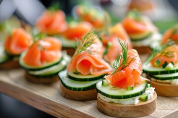 Fresh cucumbers and salmon on a rustic wooden tray. Perfect for food blogs or healthy eating...