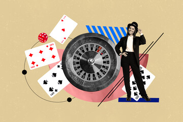 Creative picture collage young standing dealer woman formalwear casino gambling roulette cards dice...