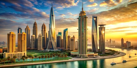 view of dubai skyscrapers with sunset background