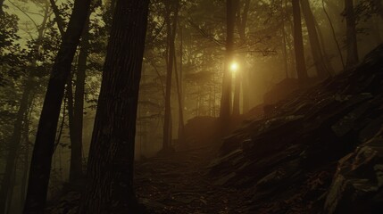 Mystical Sunrise in a Foggy Forest with Golden Light