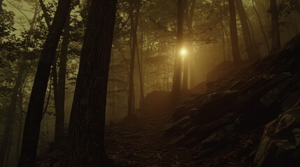 Fototapeta premium Mystical Sunrise in a Foggy Forest with Golden Light