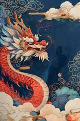 A red and white dragon is painted on an electric blue background
