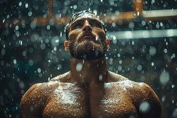 A muscular man standing in the rain with his eyes closed and his face upturned. - obrazy, fototapety, plakaty