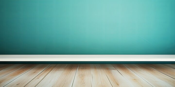 Cyan background with a wooden table, product display template. cyan background with a wood floor. Cyan and white photo of an empty room