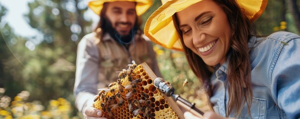 A happy young beekeeper woman with man holding smoker in the hand during checking hives.