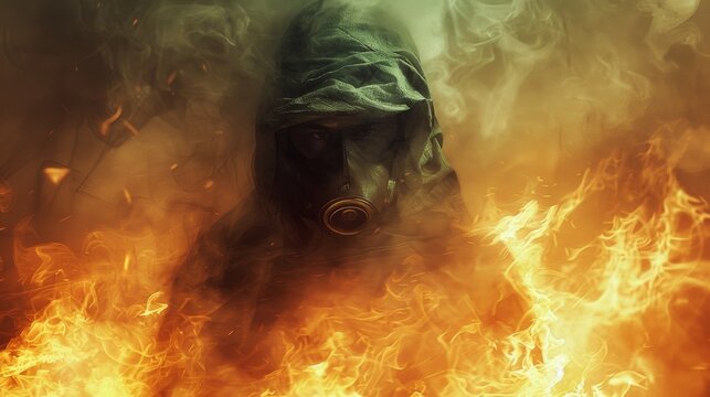 A man in a gas mask with flames behind him, AI