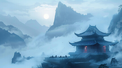 At dawn, monks meditate in a tranquil temple surrounded by mist-shrouded mountains. - obrazy, fototapety, plakaty