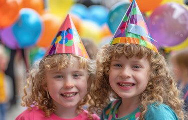 happy girls at birthday party, with balloons and cap on their heads, children's faces in focus, blurred background showing other kids playing games, bright colors of the decorations, capturing joyous