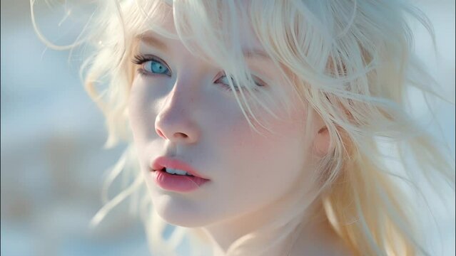Portrait of young albino woman with short hair and blue eyes in sun light. International Albinism Awareness Day concept