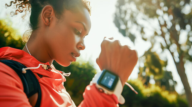 Focused Woman Checking Smartwatch During Outdoor Run. Athlete in training.