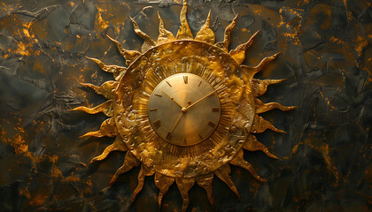 A clock designed in the shape of a radiant sun. The clock's face is circular, mimicking the appearance of the sun, with bold, golden rays extending outward from its center - obrazy, fototapety, plakaty