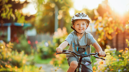 Happy Child Riding Bike on Sunny Path